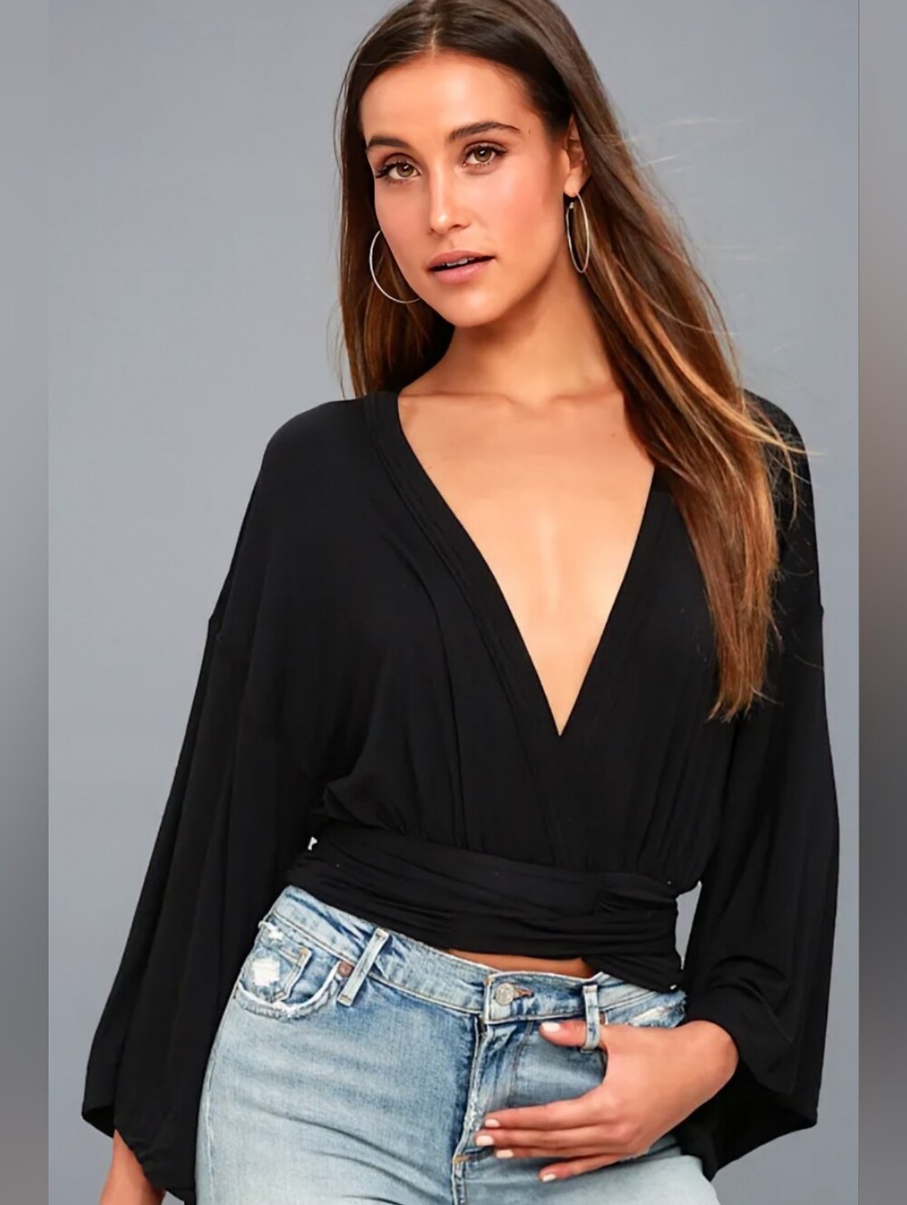 Free People That's a Wrap Black Bell Sleeve Crop Top Soft Boho Chic L